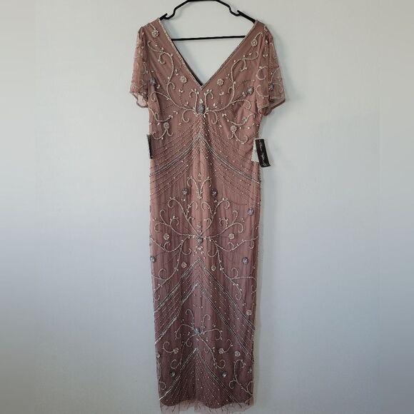 Pisarro Nights Beaded Mesh Overlay Cocktail Dress in Mauve NWT - Picture 6 of 15